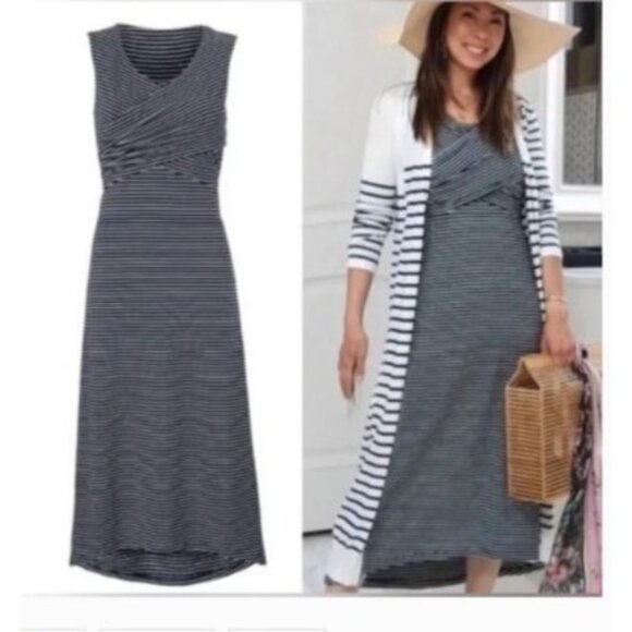 Cabi stripe launch maxi dress women's size medium sleeveless knit blue white - Picture 3 of 8